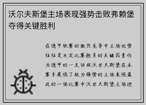沃尔夫斯堡主场表现强势击败弗赖堡夺得关键胜利